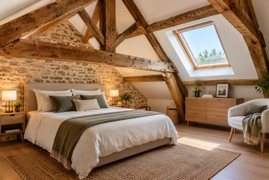 Combles aménagés en chambre dans une maison ancienne, charpente apparente