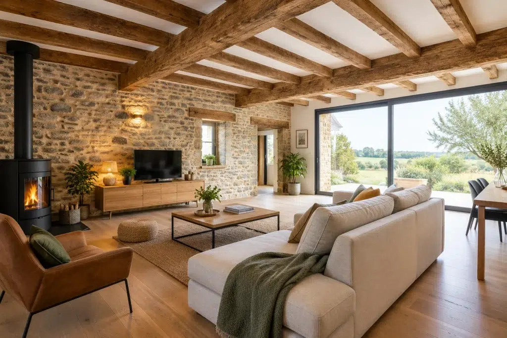 Idées rénovation maison ancienne : séjour avec poutres et pierre apparentes conservées